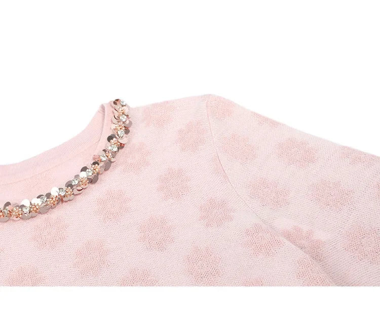 2024 Autumn Elegant Jacquard Fashion Glitter Bead Chain Decoration Round Neck Long Sleeve Women's Knitted Shirt