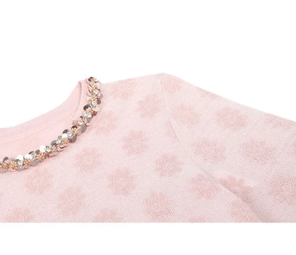2024 Autumn Elegant Jacquard Fashion Glitter Bead Chain Decoration Round Neck Long Sleeve Women's Knitted Shirt