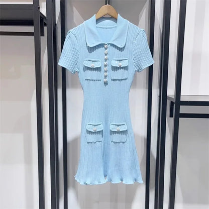 2025 Spring/Summer New Polo Neck Short Sleeve Knitted Dress Y2K Fashion Commuter Elastic Slim Fit Multi Pocket Wrapped Hip Skirt