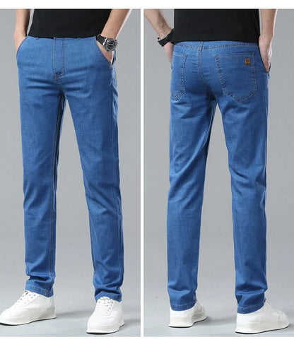 Light Blue Classic Business Casual Cotton Pants Fashion Breathable Denim Elastic Trousers Brand Men's Clothing Straight Jeans