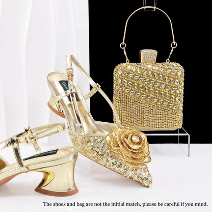 Nigerian Gold Color Party for Women Shoes and Bag Mixed Package Sequins Handbag Italian Design Wedding