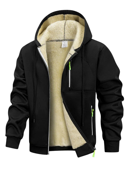 Men's Winter Warm Sherpa Plush Lined Jacket Casual Zip Up Hooded Coat with Zipper Pockets Male Fleece Outerwear Outfits Tops