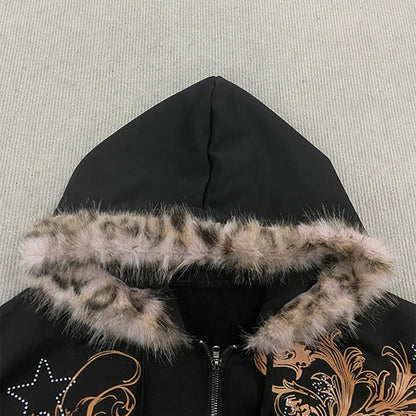 Winter Warm Gothic Print Hoodie Women's Clothin Faux Fur Crop Top Zip-Up Sweatshirt Fashion Y2K Streetwear Hooded Jacket 2026New