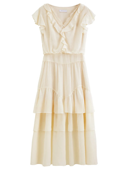 2026 Summer Women‘s Tiered Ruffle Lace Trim Chiffon Long Short Dress Flowy Smocked Maxi for French Romantic Coquette Style