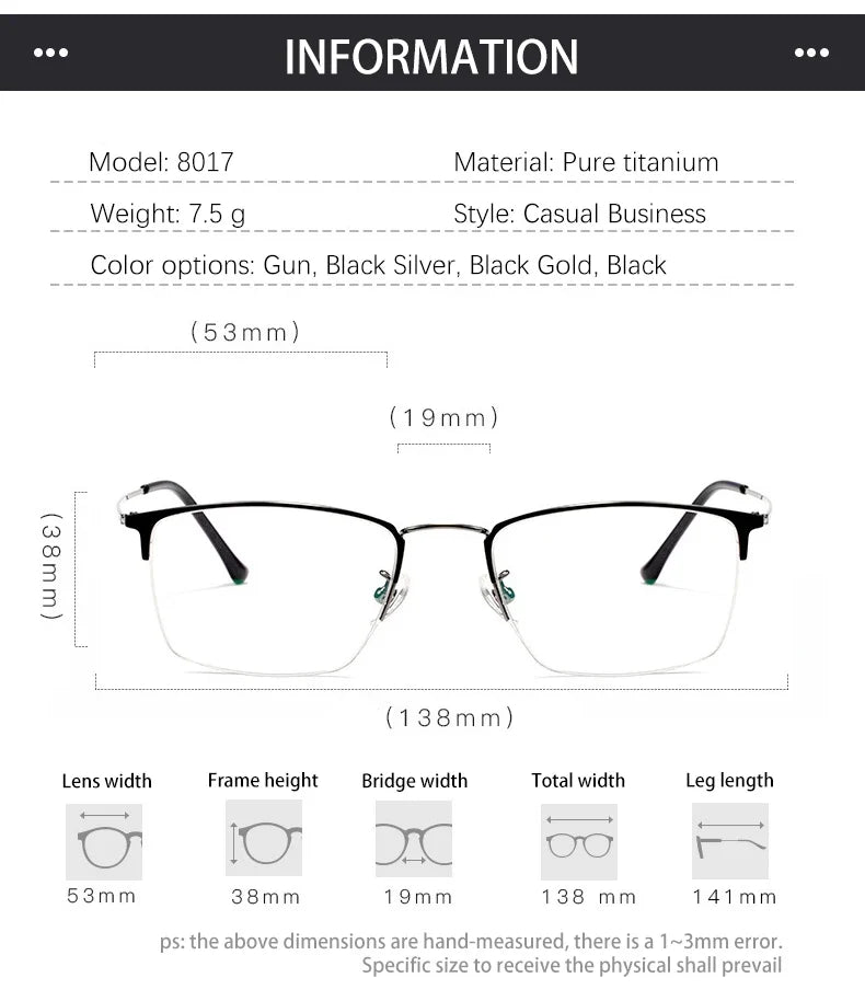 New Titanium Rectangular Classic Business Half-rim Anti-blue Light Reading Glasses Men's Customizable Prescription 8017JX