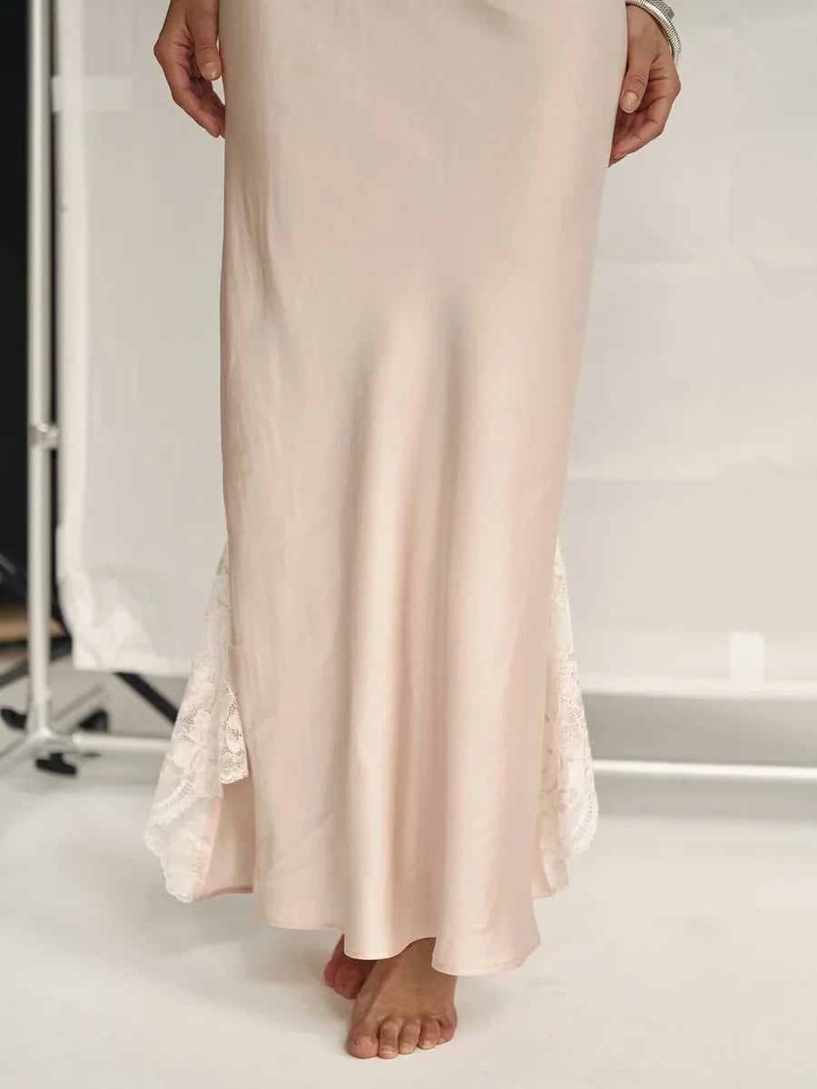 Wolfeel 2025 Summer New Lace Camisole Long Dress Women's Imitation Silk Sexy Split Stitch Lace Dress Women Clothing