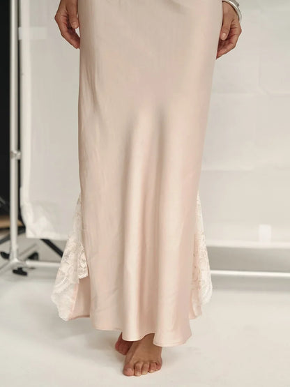 Wolfeel 2025 Summer New Lace Camisole Long Dress Women's Imitation Silk Sexy Split Stitch Lace Dress Women Clothing