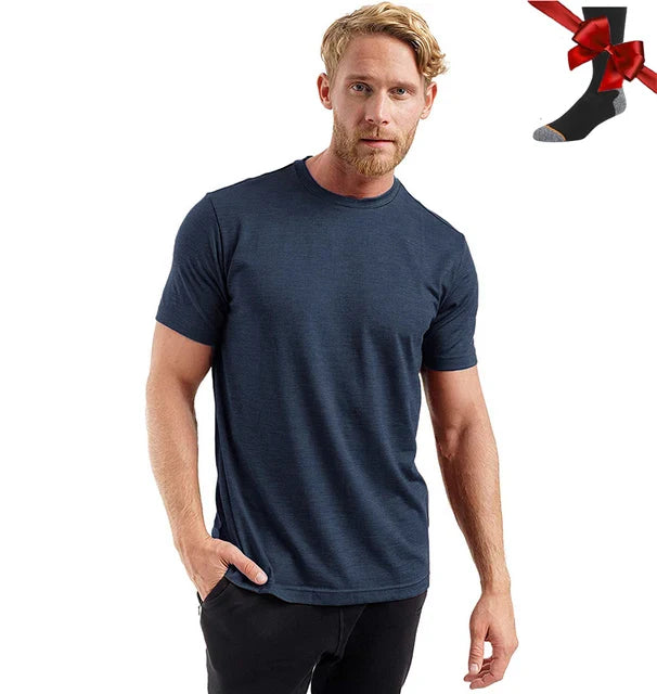 100% Superfine Merino Wool T Shirt Mens Base Layer Shirt Merino Wool Wicking Breathable Quick Dry Anti-Odor +Merino Wool Socks