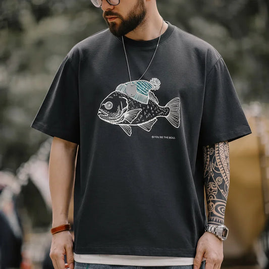 Vintage Flocked Print Short-sleeved T-shirts Animal Pattern Cotton Round Neck Tops for Men's Summer Casual Loose Fit Tee