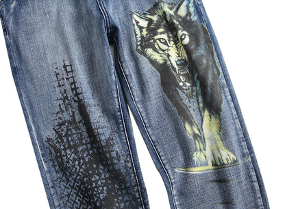 2026 Men's Blue 3D Printing Jeans, Black Wolf Pattern Printed Punk Straight Cotton Casual Print Denim Pants Asian Size 28-42