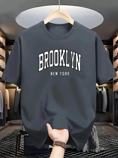 Men's summer 100% cotton fashionable casual loose Brooklyn New York printed sports round neck short sleeved T-shirt top