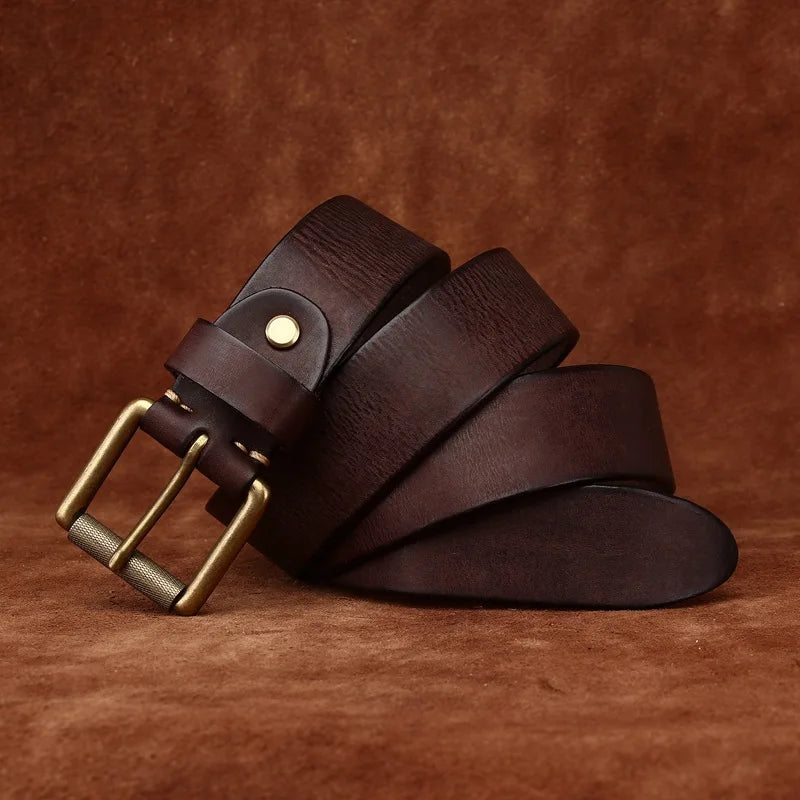3.8CM Genuine Leather Belt Men Luxury Strap Male Fashion Pure Cowhide Copper Buckle Wild Classic Retro Pin Buckle High Quality