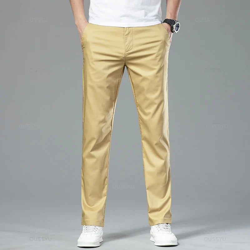 New Summer Cosy Soft Bamboo Fiber Straight Suit Pants Men Business Stretch Thin Navy Blue Casual Trousers Male Large Size 40 42