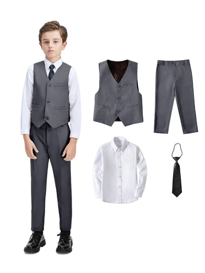 Boys Suit 4-piece Vest Pants Shirt Tie Random Casual Fashion Outdoor Activities Competition Family Party Birthday Gift