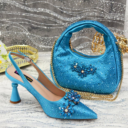 Olive-Green Pointed-Toe Women's High Heels Shoes and Bags for Party Rhinestone Evening Elegant Luxury Handbag