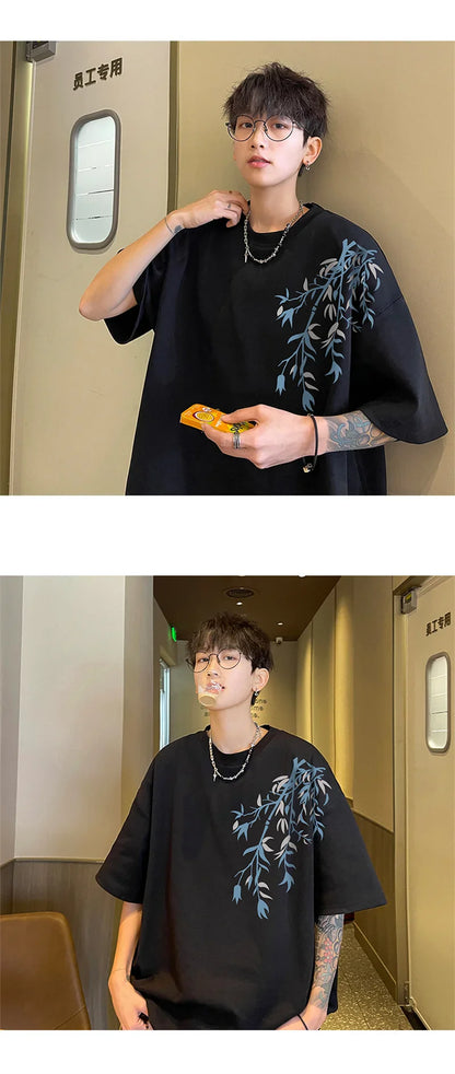 Men's Oversized T-shirts Mens Cotton T Shirt White 5XL Casual Summer Wear Fashion Bamboo Print Tee Shirts for Men Clothing