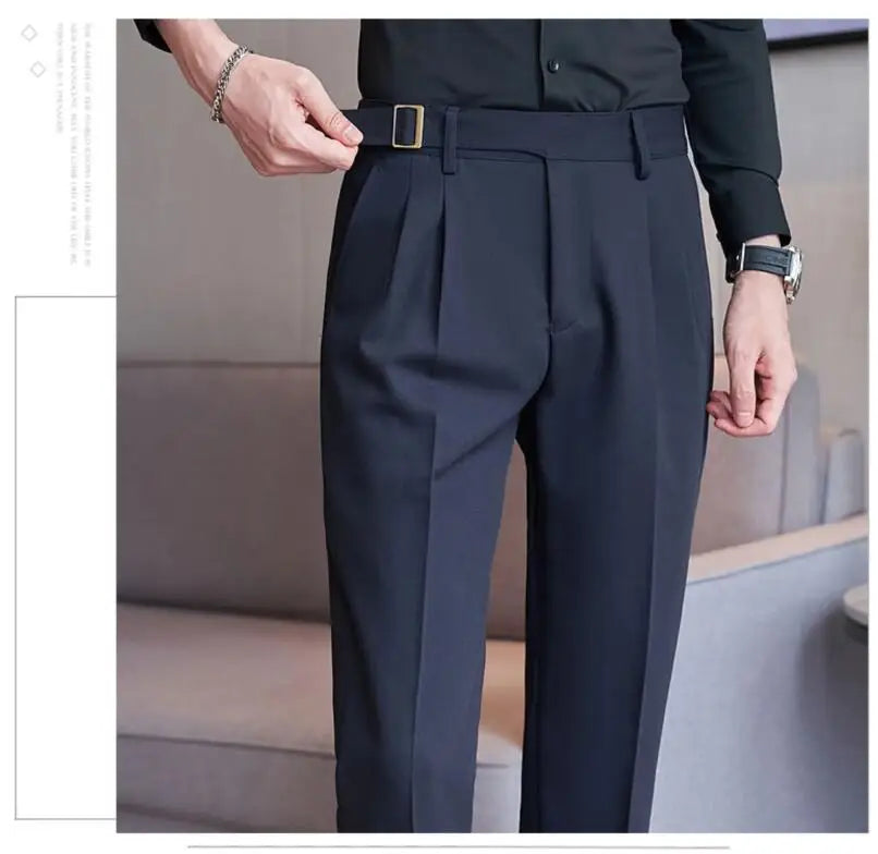 Pure Color Male Business Wedding Dress Pants Fashion Unique Design Men Waist Adjustable Suit Pant No Belt Slim Trousers Homme