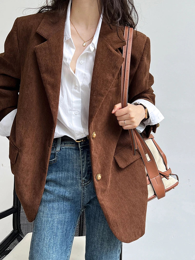 Brown Corduroy Suit Jackets Women's Spring New Fashion Loose Casual Blazers Notched Collar Single Breasted Pockets Female Tops
