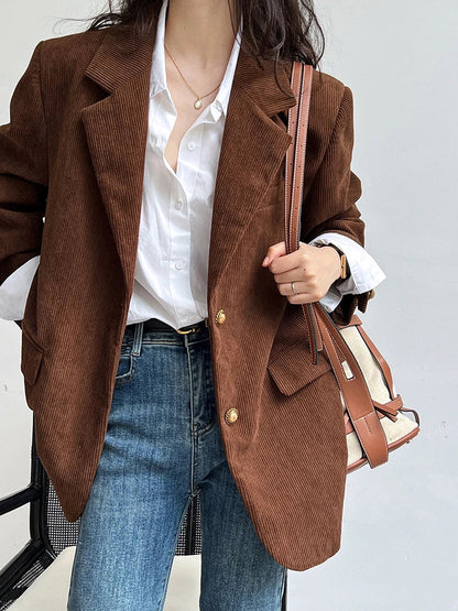 Brown Corduroy Suit Jackets Women's Spring New Fashion Loose Casual Blazers Notched Collar Single Breasted Pockets Female Tops