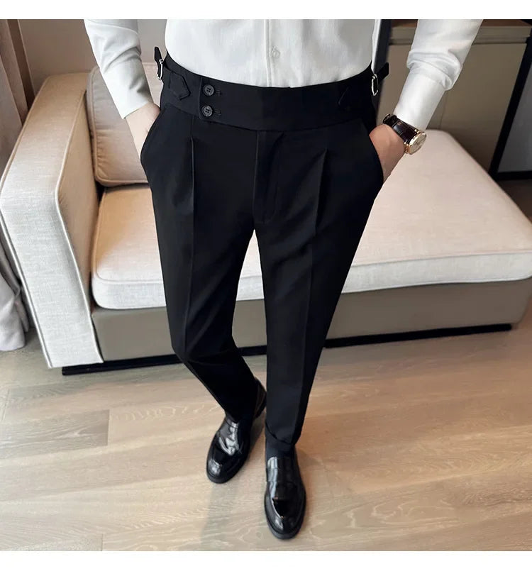 Autumn Winter High Waist Business Dress Pants Men Casual Belt Design Slim Suit Pants Formal Wedding Social Party Male Trousers