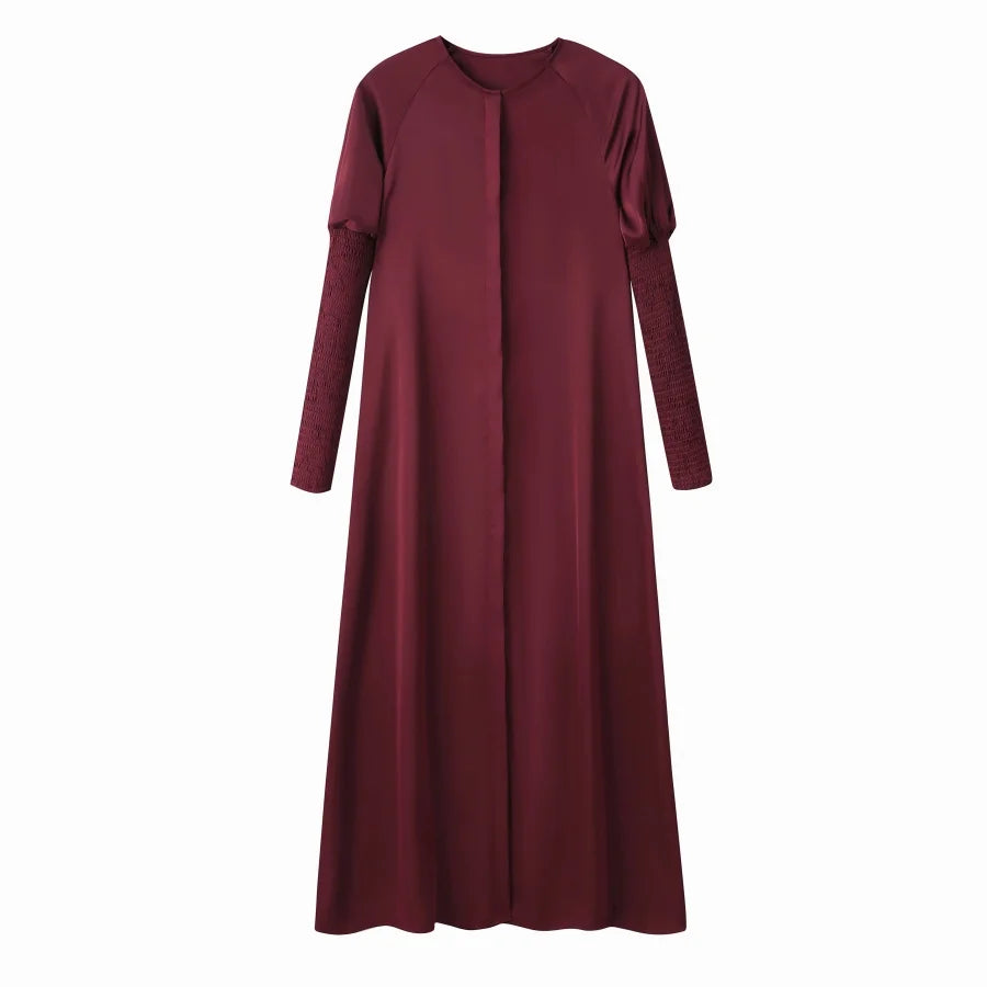 AS 2024 woman clothing satin dress button down design smocking sleeve maxi dress ( Ship out in 1 day)