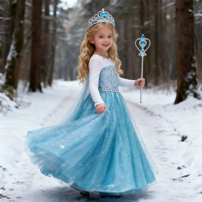 Girls Snow Queen Elsa Anna Long Sleeves Costume Kids Princess Dress Halloween Cosplay Party Prom Gown Vesidos For 2-10 Years