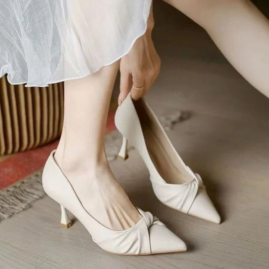 2026 New Women's Pointed Toe Stiletto Heels, Elegant Beige Ruched Pumps, Comfortable Commuter Shoes for Wedding Party Dress