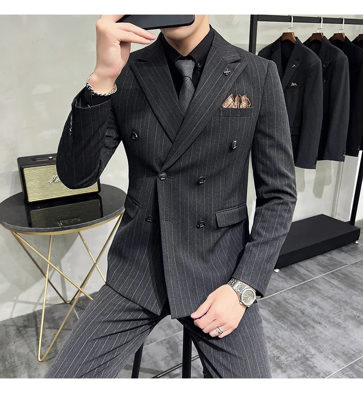2025 High-quality Korean Version Slim-fit Business (Suit + Vest + Trousers) Striped Double-breasted Suit Three-piece Set