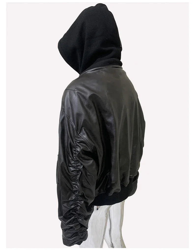 Spring Oversized Vintage Black Faux Suede Leather Jacket Men Zipper Fake 2 Piece Luxury Designer Clothes Hoodie 2024