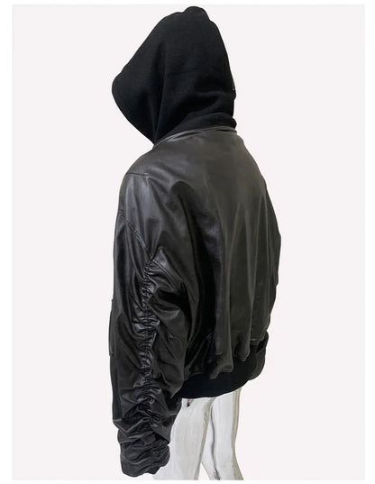 Spring Oversized Vintage Black Faux Suede Leather Jacket Men Zipper Fake 2 Piece Luxury Designer Clothes Hoodie 2024