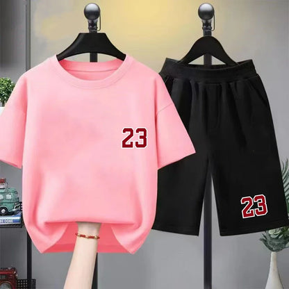 Kids T-shirt Basketball No. 23 Summer Round-Necked Print Boy Girls 3-12Years Top+Shorts Two-piece Set Simple Casual Handsome Set