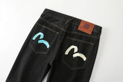 Japanese Handmade Embroidered Jeans Men's Pure Cotton Straight Tube Hip-Hop Popular Slim Red Ears Show Thin Trousers Devil Big M