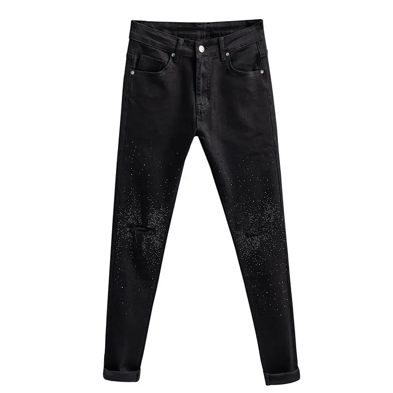 Korean Luxury Clothing Hot Diamonds Cowboy Pants Men 2025 Black Men's Slim HOLE Jeans Spring Autumn Denim Distressed Trousers