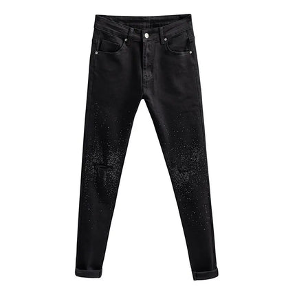 Korean Luxury Clothing Hot Diamonds Cowboy Pants Men 2025 Black Men's Slim HOLE Jeans Spring Autumn Denim Distressed Trousers
