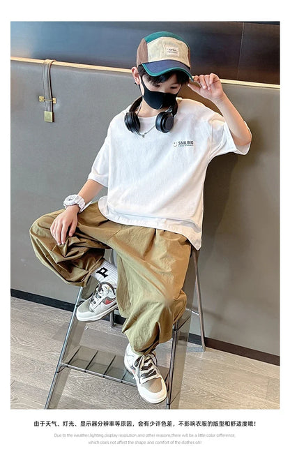 Teens Children's Summer Sets for Boys Clothing Cotton Set 2025 New Fashion Kids Loose Handsome T-shirt+ Lantern Pants Set Outfit