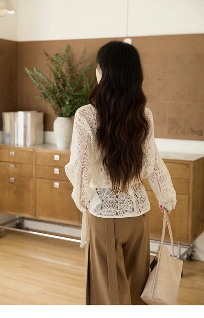 Women's Hollow-out Lace Shirt Camisole Set 2026 Spring Lapel Drawstring Waist Sheer Casual Two-Piece Knitwear MXF108C0816
