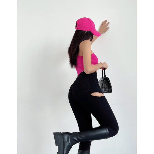 American Spicy Girls Sexy Hole Jeans Slim High Waist Elastic Feet Pencil Pants Trousers Fashion Women BOF8