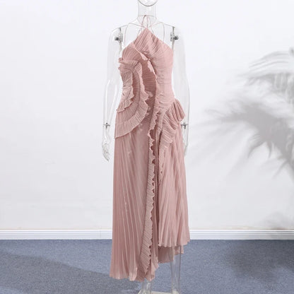 Gown Neck Strap Irregular Long Dress For Women Ruffle Sleeveless High Waist Backless Dresses 2025 New Summer Elegant Party Y2k