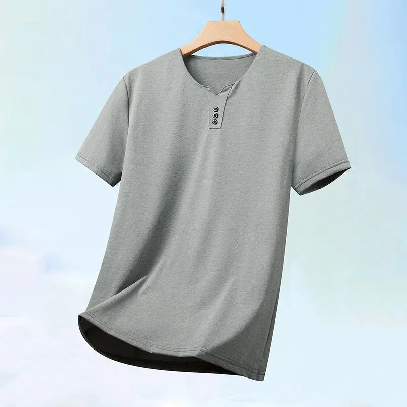 2026 New Men's Business Casual Three Button V-neck Short Sleeved T-shirt Korean Style Summer Comfortable Versatile Top