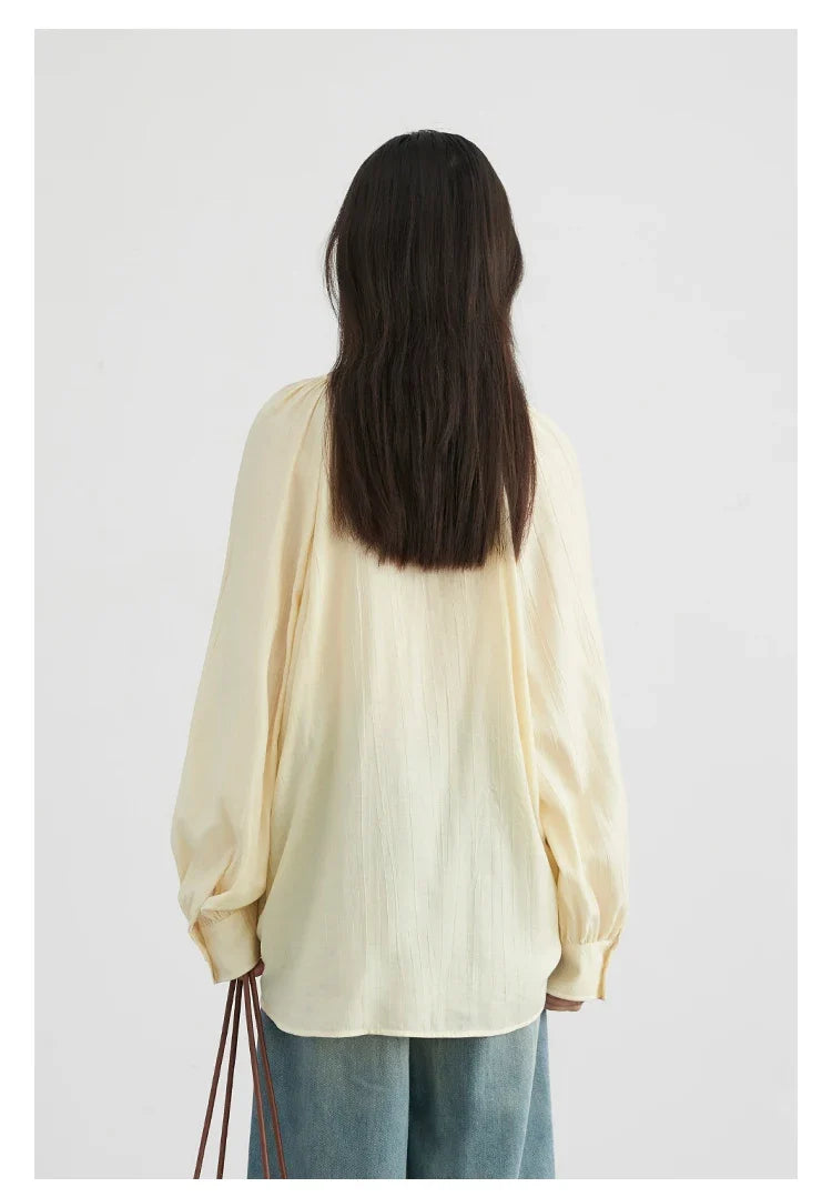 Women Loose Lace Up Shirt Solid New Korean V-neck Pleated Raglan Long Sleeved Blouses Female Tops Spring Summer 2026
