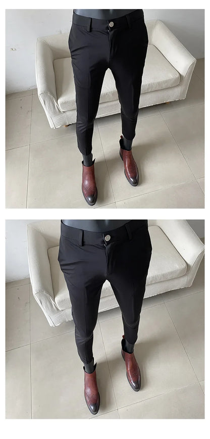 Summer New Light Thin Ice Silk Solid Color Casual Trousers High Quality Fashion Slim Fit Business Social Office Suit Pants