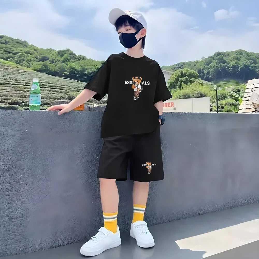 Kids Brand Little Bear Round Neck T-shirt+Shorts Set Clothing Fashion Boy Girl 3-12Yrs Sports Short-Sleeved Casual Set Summer