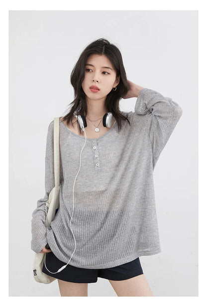 Women T-Shirts Casual Loose New Slightly Transparent O Neck Female Top Thin Sun Protection Tees Spring Summer 2025