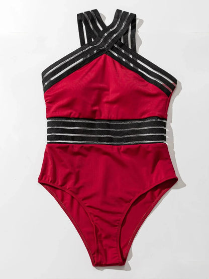 Solid Mesh Tape Swimsuit 2026 One Piece Sexy High Neck Swimwear Women Cross Front Bathing Suit Female Padded Beachwear Bodysuit