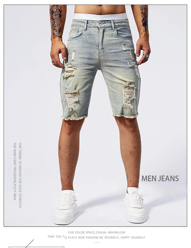 Vintage Denim Shorts Men's American Stretch Slim Jeans Fashion Ripped Streetwear Male Hole Frayed Short Pants Blue Black