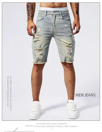 Vintage Denim Shorts Men's American Stretch Slim Jeans Fashion Ripped Streetwear Male Hole Frayed Short Pants Blue Black