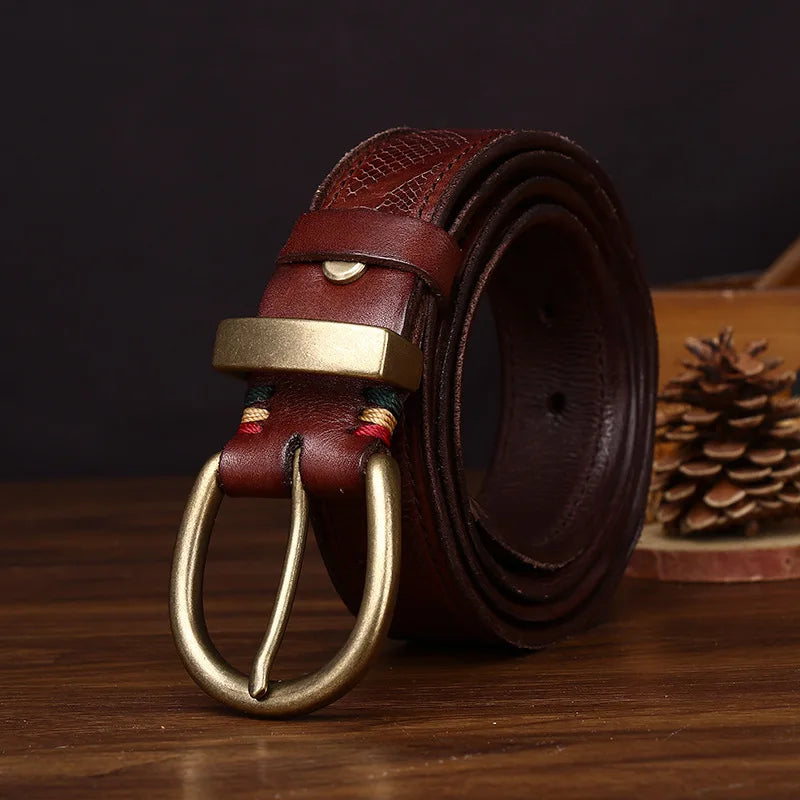 3.5CM High Quality Belt Men's Genuine Leather Top Layer Pure Cowhide Brass Buckle Jeans Vintage Strap Male Jeans for Man Luxury