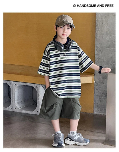 Korean Kids Striped Summer Suit for Boys Top and Bottom Set Children Cotton Short Sleeve T-shirt and Cargo Shorts Clothes Set