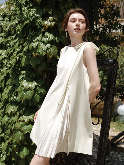 2025 Summer Petite Textured Pleated Dress - Artisan Bow Accents & Flared A-Line Silhouette for Casual Chic 25FS12622