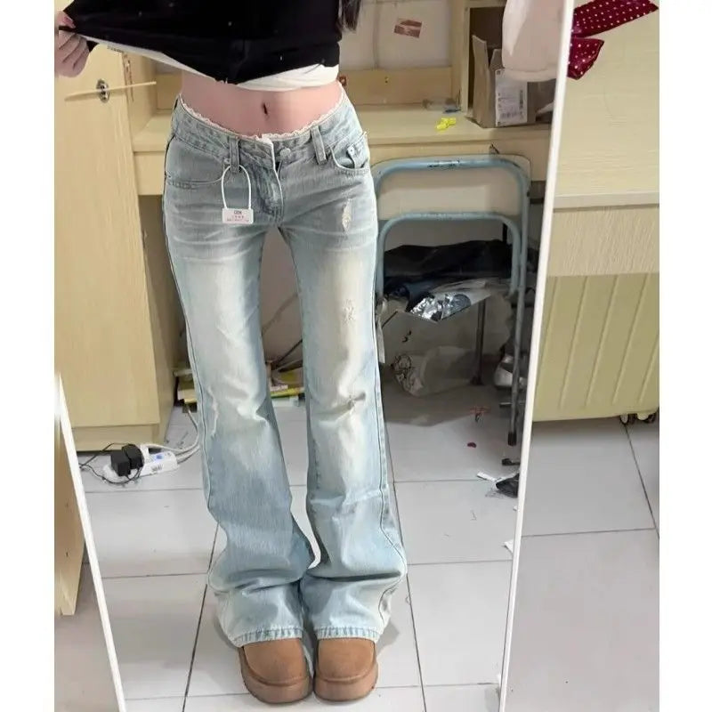 Low Waist Bell Bottom Jeans Women's Light Blue Washed Lace Splicing Design Spring Summer New Style Slimming Versatile Denim J...